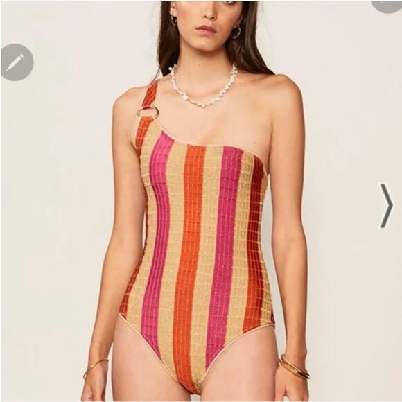 SUBOO $260 Jacquelyn Gold Pink Metallic Stripe One Shoulder One Piece Swimsuit - Picture 6 of 9